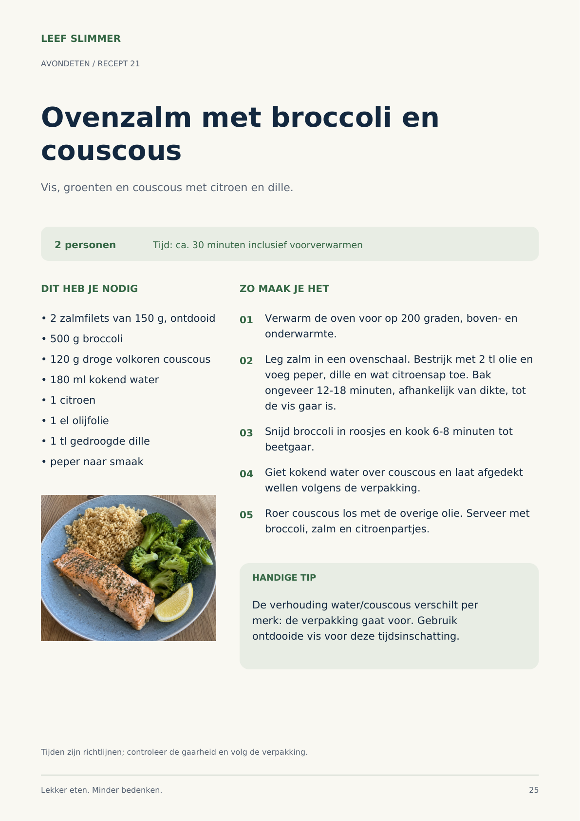 Voorbeeldpagina uit het receptenboek: een recept met ingrediënten en bereidingswijze